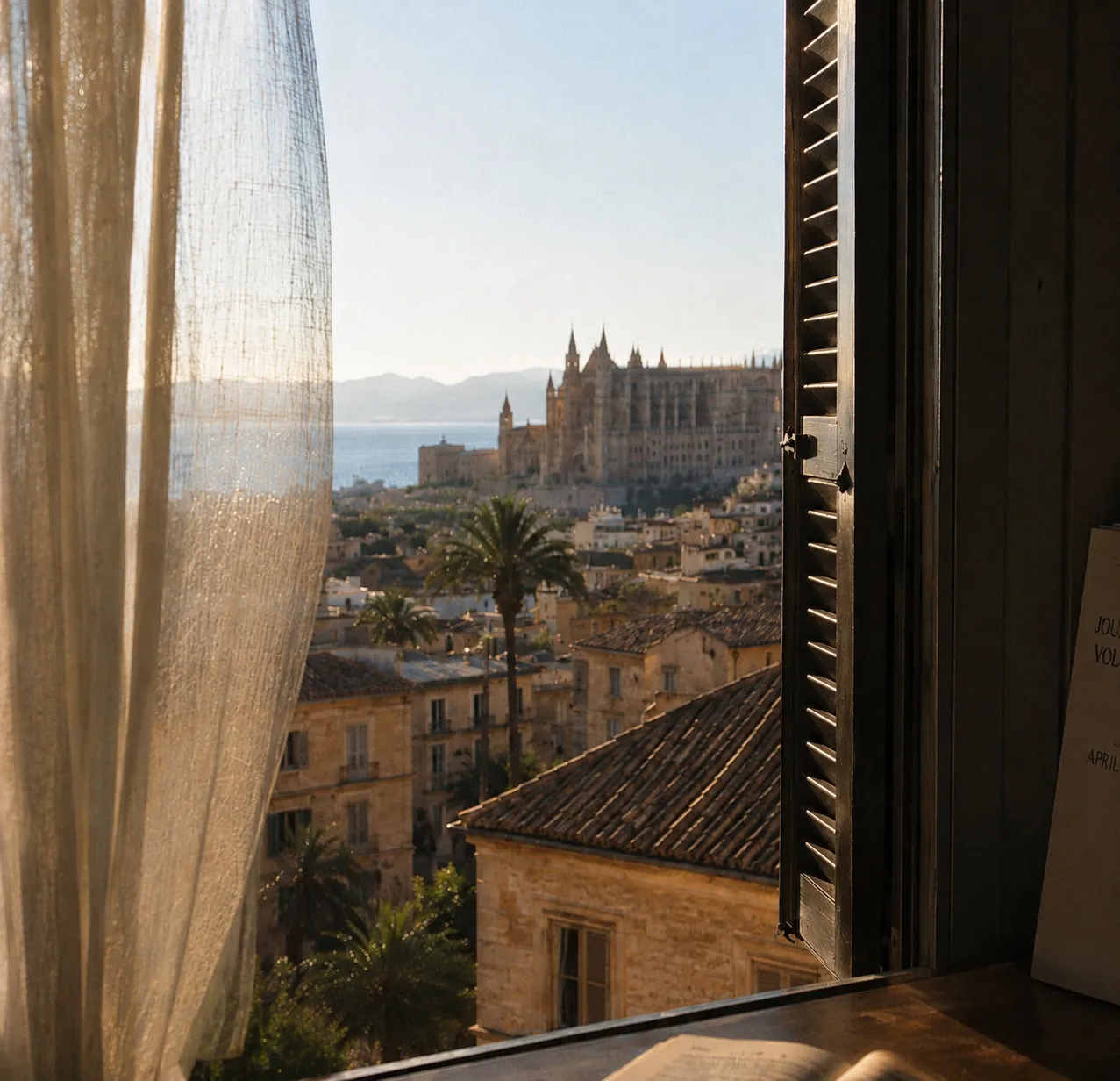 A writer's desk by an open shutter, looking out over Palma to the cathedral and the sea, an open journal in the foreground.