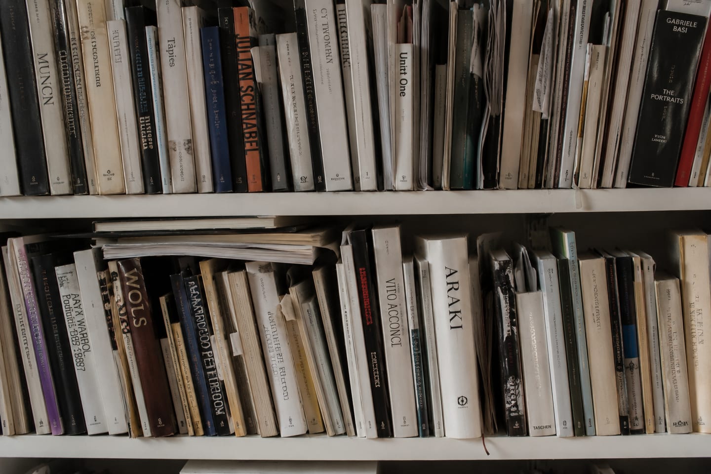 Two horizontal shelves of art and photography monographs in low warm light — spines including Munch, Tàpies, Julian Schnabel, Cy Twombly, Unit One and Gabriele Basilico's The Portraits on the upper shelf, Wols, Andy Warhol Portraits, Vito Acconci and Araki on the lower shelf.