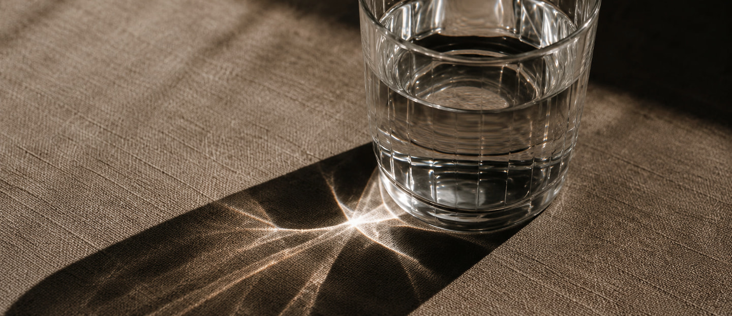 A cut-crystal glass of water on linen, throwing a fan of refracted light across the cloth.