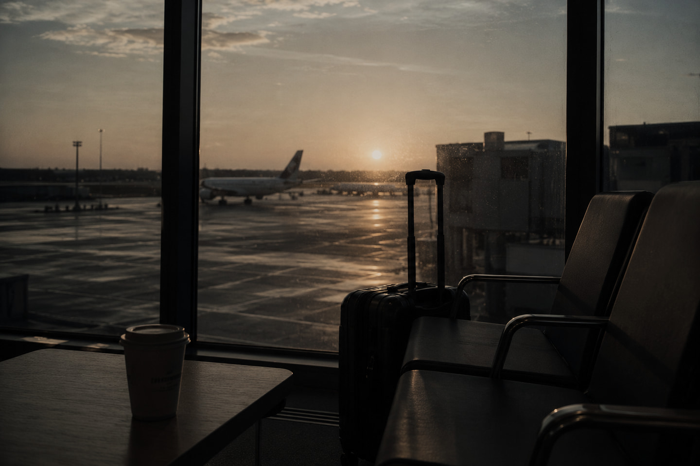 An airport departure gate at sunset, a suitcase and coffee cup by the window, a plane on the tarmac.