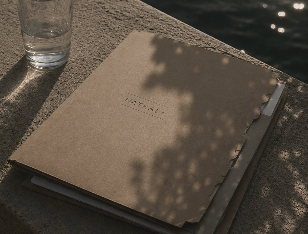 A folder marked Nathaly on a stone ledge by the sea at golden hour, a glass of water beside it.